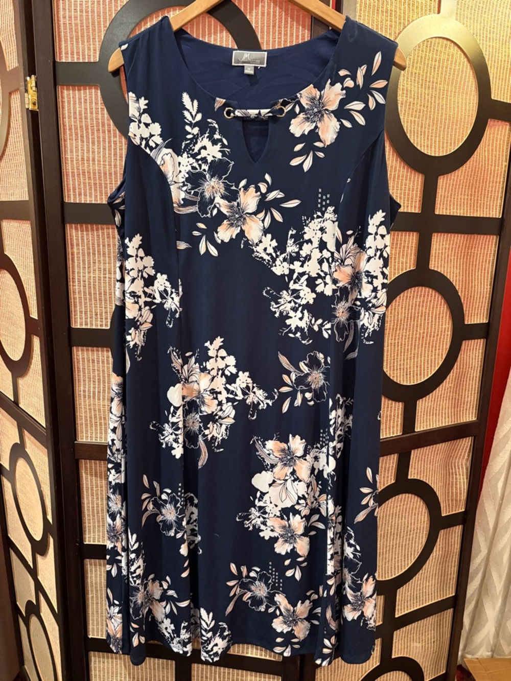 JM Collection Navy Floral Midi Dress with Soft Blush Accents